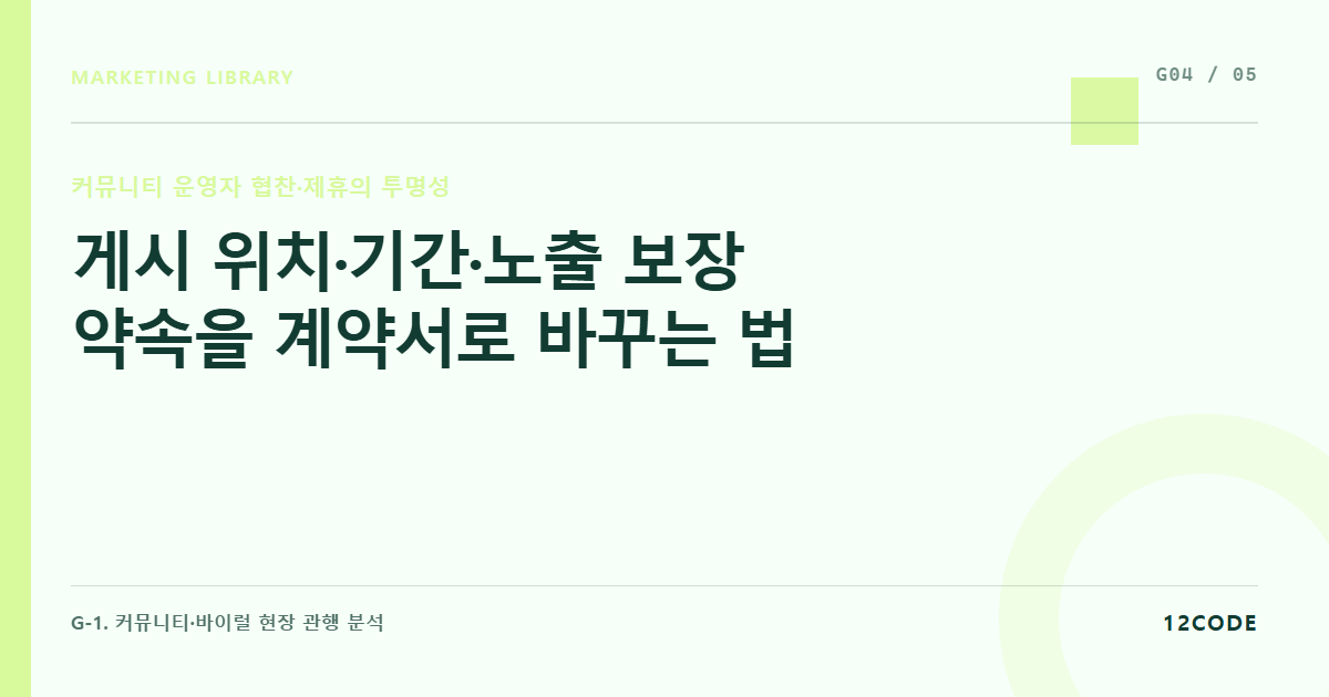 12code 라이브러리 아티클 표지. 게시 위치·기간·노출 보장 약속을 계약서로 바꾸는 법