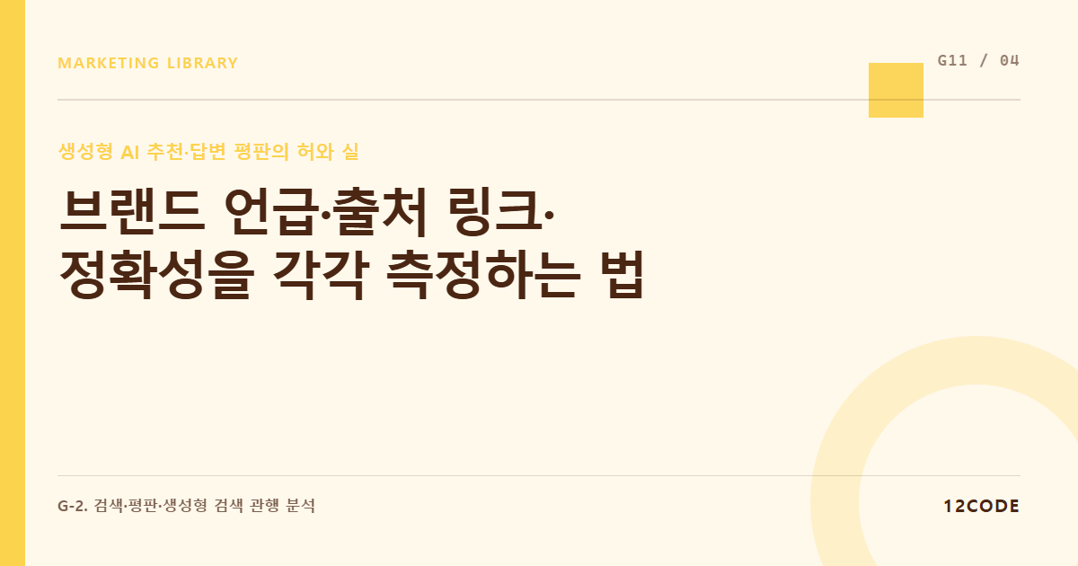 12code 라이브러리 아티클 표지. 브랜드 언급·출처 링크·정확성을 각각 측정하는 법