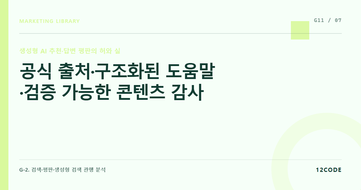 12code 라이브러리 아티클 표지. 공식 출처·구조화된 도움말·검증 가능한 콘텐츠 감사