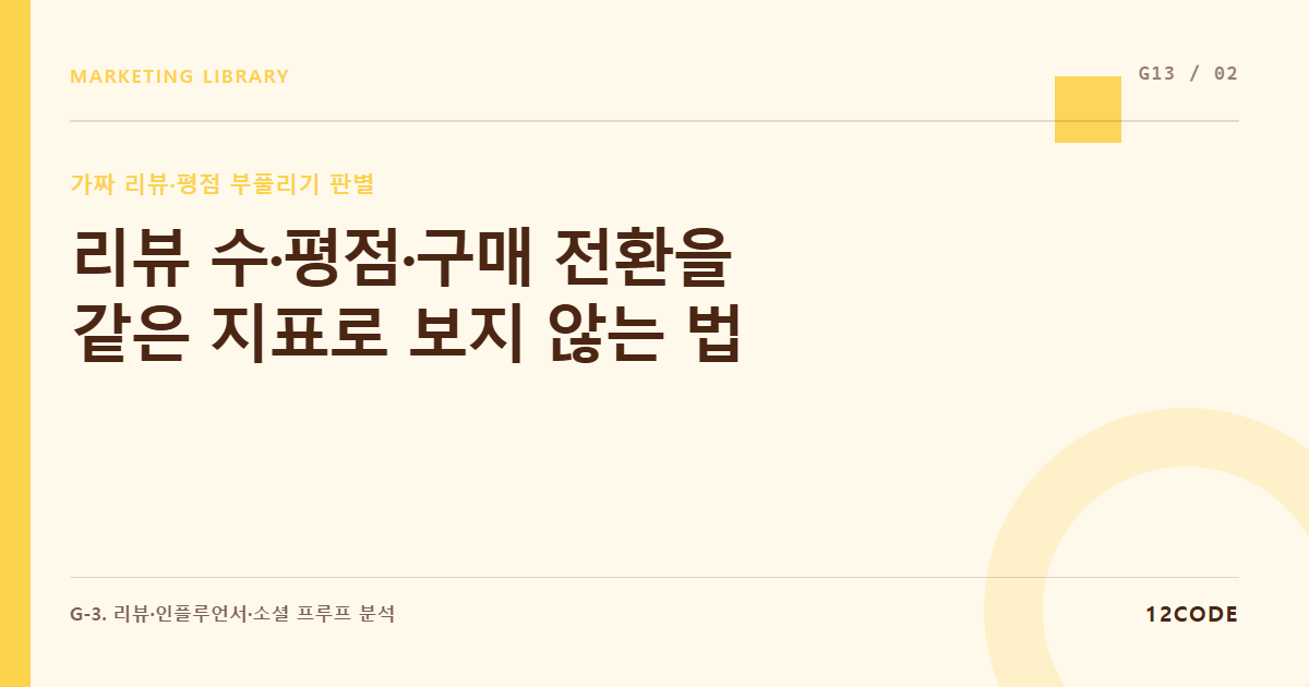 12code 라이브러리 아티클 표지. 리뷰 수·평점·구매 전환을 같은 지표로 보지 않는 법