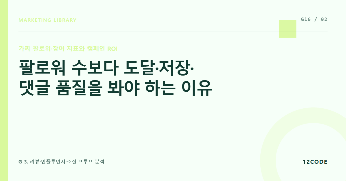 12code 라이브러리 아티클 표지. 팔로워 수보다 도달·저장·댓글 품질을 봐야 하는 이유
