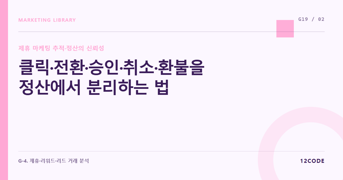 12code 라이브러리 아티클 표지. 클릭·전환·승인·취소·환불을 정산에서 분리하는 법
