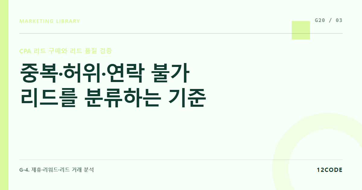 12code 라이브러리 아티클 표지. 중복·허위·연락 불가 리드를 분류하는 기준