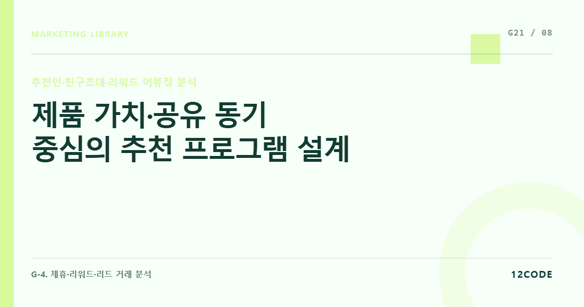 12code 라이브러리 아티클 표지. 제품 가치·공유 동기 중심의 추천 프로그램 설계
