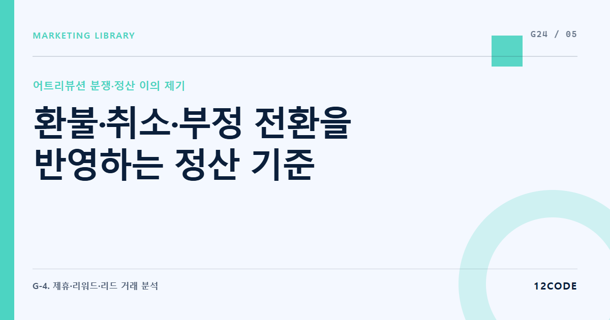 12code 라이브러리 아티클 표지. 환불·취소·부정 전환을 반영하는 정산 기준