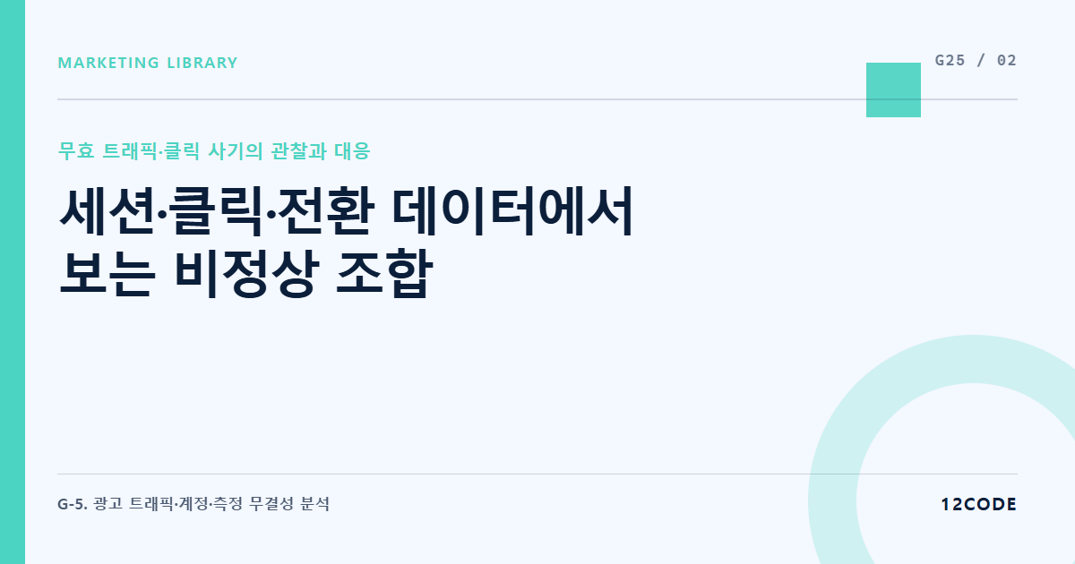 12code 라이브러리 아티클 표지. 세션·클릭·전환 데이터에서 보는 비정상 조합
