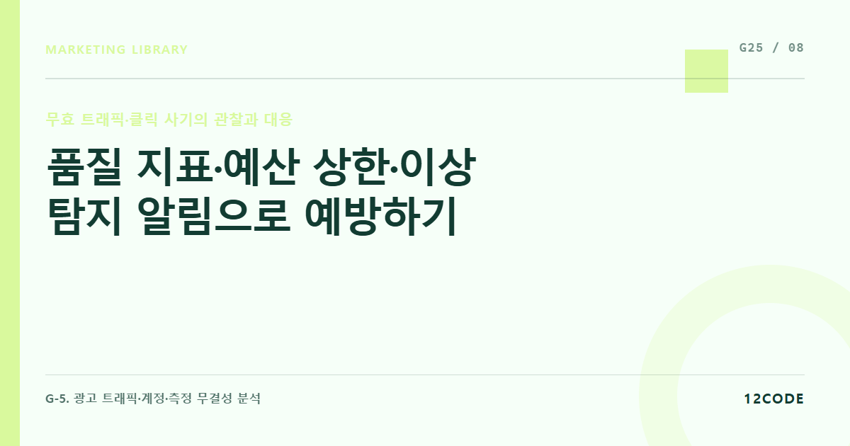 12code 라이브러리 아티클 표지. 품질 지표·예산 상한·이상 탐지 알림으로 예방하기
