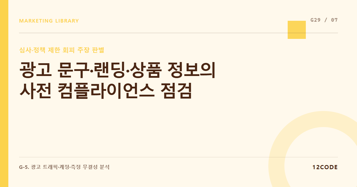 12code 라이브러리 아티클 표지. 광고 문구·랜딩·상품 정보의 사전 컴플라이언스 점검