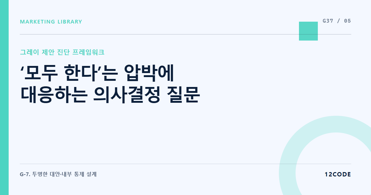 12code 라이브러리 아티클 표지. ‘모두 한다’는 압박에 대응하는 의사결정 질문