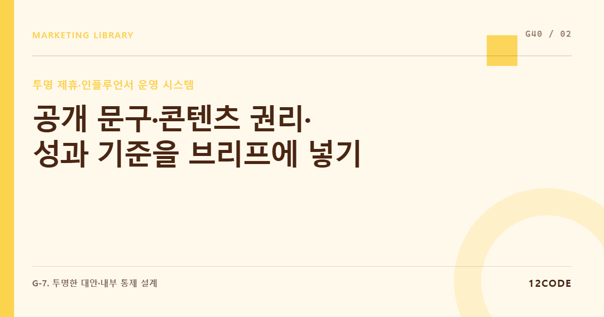 12code 라이브러리 아티클 표지. 공개 문구·콘텐츠 권리·성과 기준을 브리프에 넣기