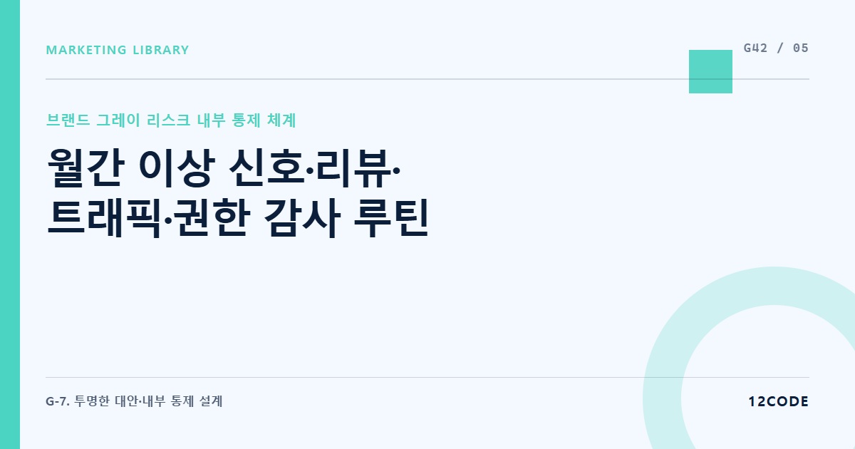 12code 라이브러리 아티클 표지. 월간 이상 신호·리뷰·트래픽·권한 감사 루틴